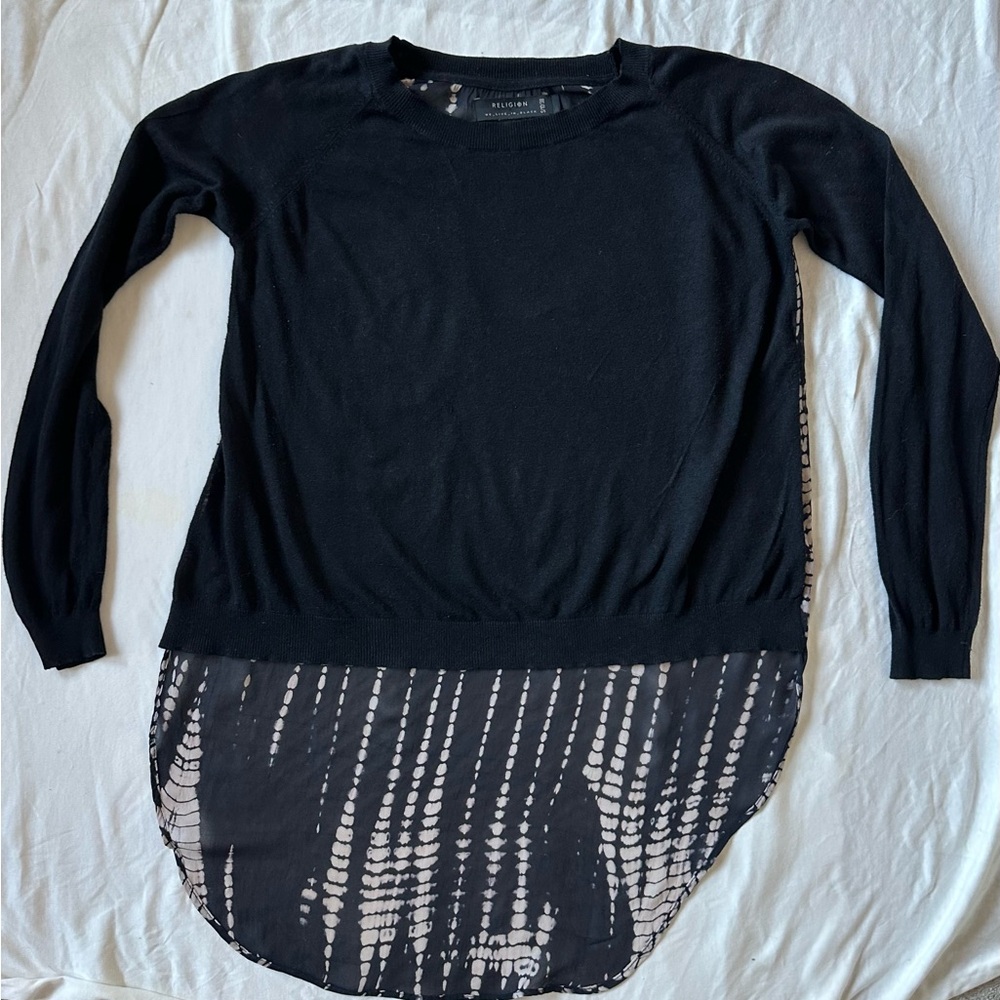 Religion Layered Black Knit Tunic with Printed Chiffon high low Hem small
